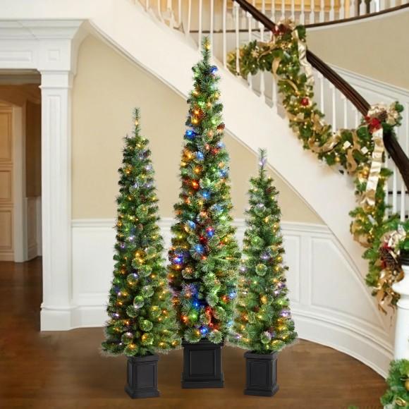 Glitzhome Glitzhome Set Of 3 5ft/6ft/7ft Green Cashmere Pine Christmas Porch Tree With Pinecones 90/130/200 Warm White/Multi-color Lights 9 Function W/Remote Control