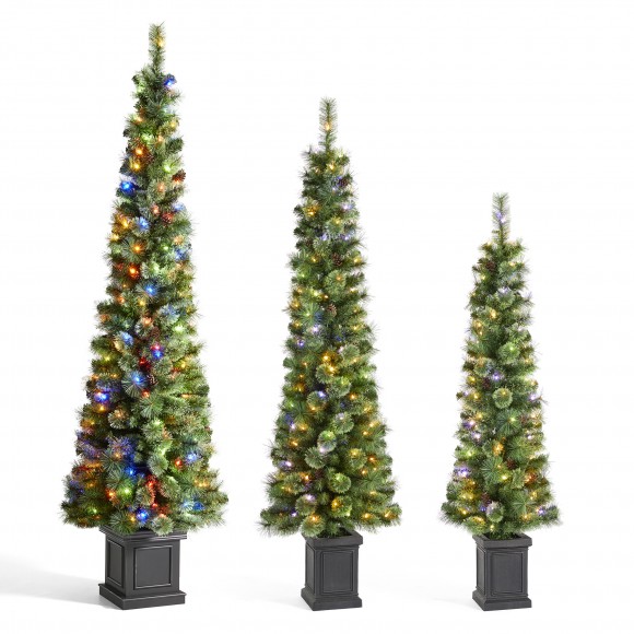 glitzhome Glitzhome Set of 3 5ft/6ft/7ft Green Cashmere Pine Christmas Porch Tree With pinecones 90/130/200 Warm White/Multi-color Lights 9 Function w/Remote control