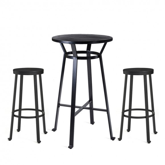 glitzhome Glitzhome Set of 3 Black Steel Bar Table and Bar Stool Pub Set (1 Tabel+2 Stools)