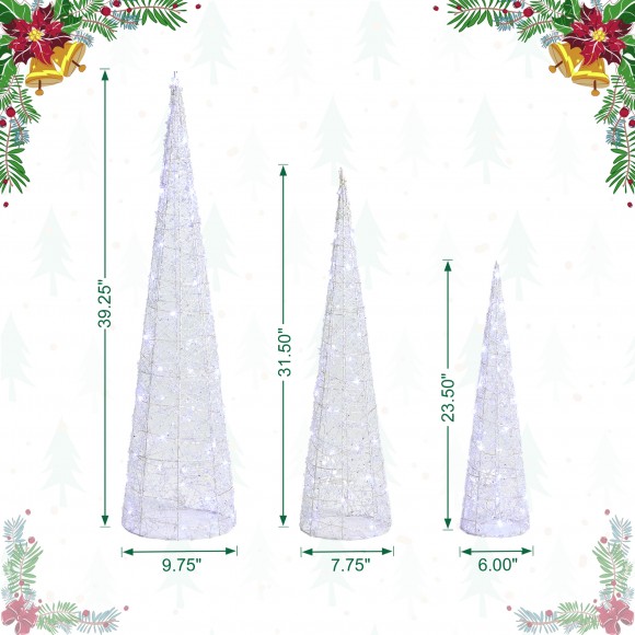 Glitzhome Glitzhome Set Of 3 Lighted Christmas Crystal White Cone Tree With 130 White LED Lights