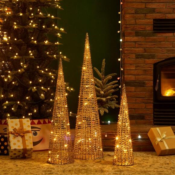Glitzhome Glitzhome Set Of 3 Lighted Christmas Plastic Champagne Gold Cone Tree With 65 Warm White LED Lights