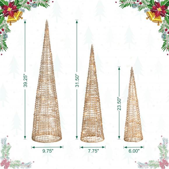 Glitzhome Glitzhome Set Of 3 Lighted Christmas Plastic Champagne Gold Cone Tree With 65 Warm White LED Lights