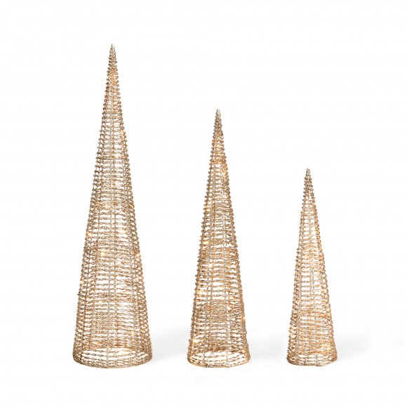 glitzhome Glitzhome Set of 3 Lighted Christmas Plastic Champagne Gold Cone Tree with 65 Warm White LED Lights