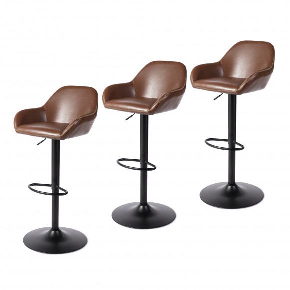 glitzhome Glitzhome Set of 3 Mid-Century Modern Brown Leatherette Gaslift Adjustable Swivel Bar Stool
