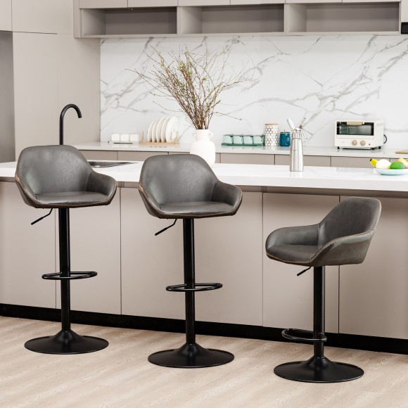 Glitzhome Glitzhome Set Of 3 Mid-Century Modern Gray Leatherette Gaslift Adjustable Swivel Bar Stool