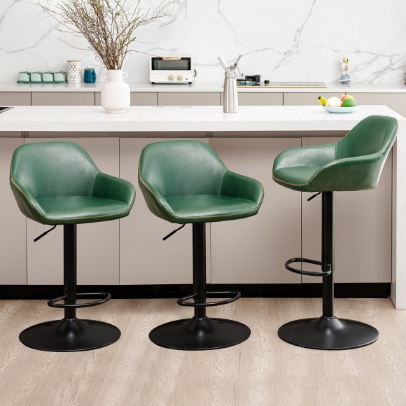 Glitzhome Glitzhome Set Of 3 Mid-Century Modern Hunter Green Leatherette Gaslift Adjustable Swivel Bar Stool