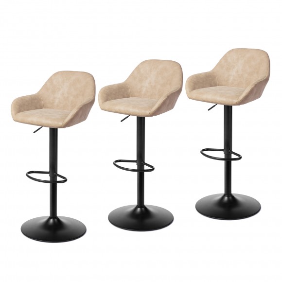 glitzhome Glitzhome Set of 3 Mid-Century Modern Khaki Leatherette Gaslift Adjustable Swivel Bar Stool
