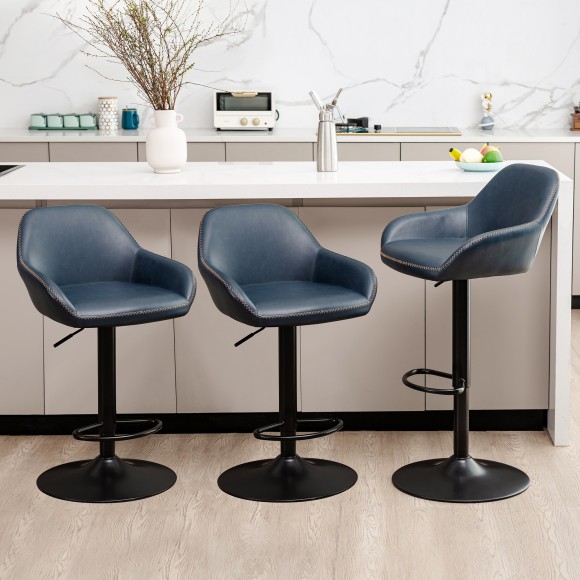 Glitzhome Glitzhome Set Of 3 Mid-Century Modern Navy Blue Leatherette Gaslift Adjustable Swivel Bar Stool