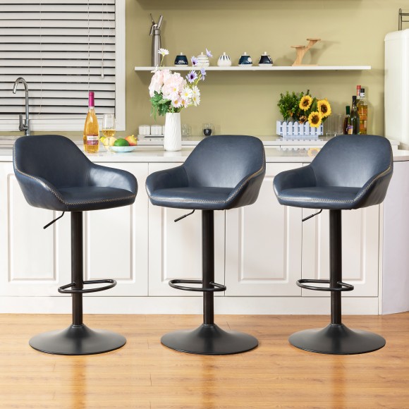 Glitzhome Glitzhome Set Of 3 Mid-Century Modern Navy Blue Leatherette Gaslift Adjustable Swivel Bar Stool