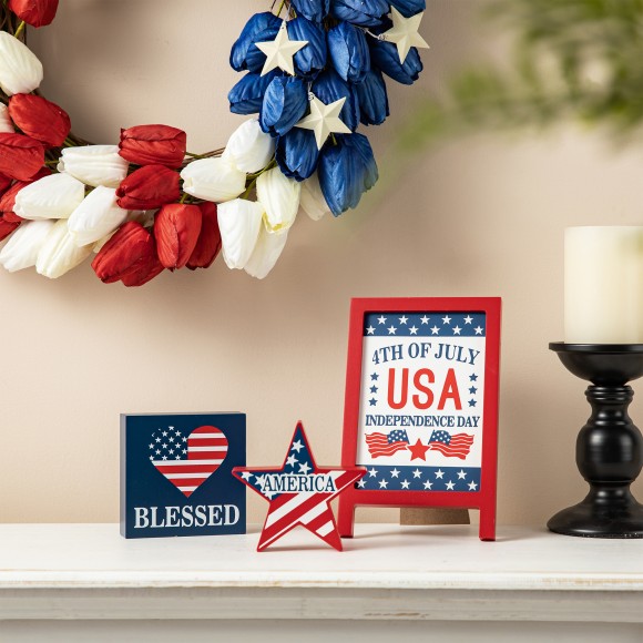 Glitzhome Glitzhome Set Of 3 Patriotic Americana Wooden Block Table Sign