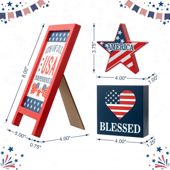 Glitzhome Glitzhome Set Of 3 Patriotic Americana Wooden Block Table Sign