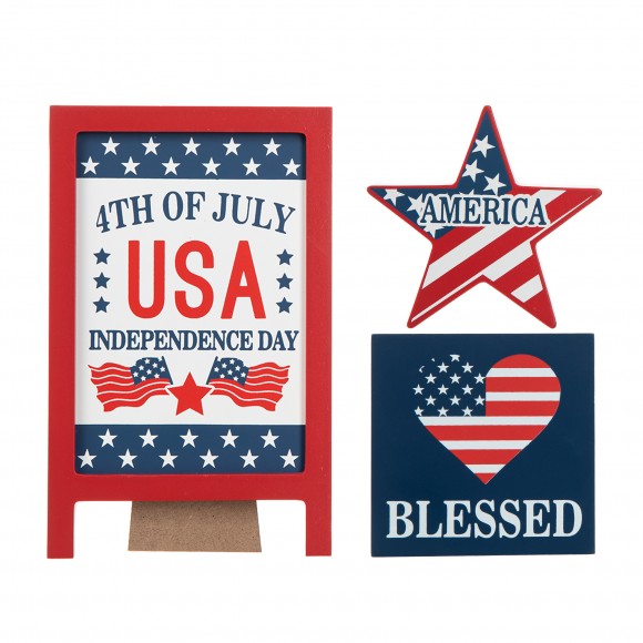 Glitzhome Glitzhome Set Of 3 Patriotic Americana Wooden Block Table Sign
