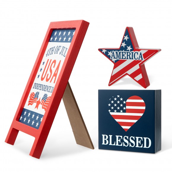 glitzhome Glitzhome Set of 3 Patriotic Americana Wooden Block Table Sign