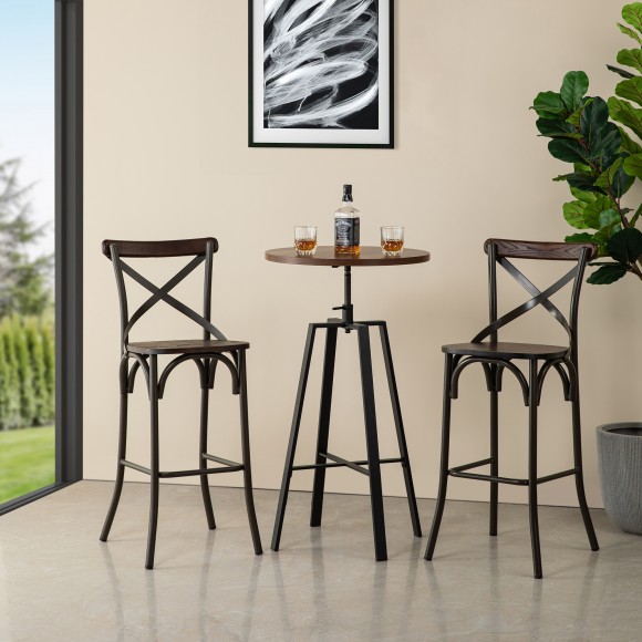 Glitzhome Glitzhome Set Of 3 Pub Table Set - Industrial Modern Adjustable Round Bar Table With Walnut Veneer Top And Rustic Steel Bar Stools