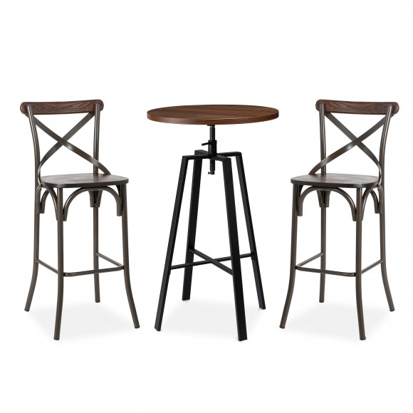 glitzhome Glitzhome Set of 3 Pub Table Set - Industrial Modern Adjustable Round Bar Table with Walnut Veneer Top and Rustic Steel Bar Stools