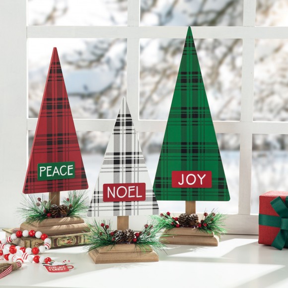 Glitzhome Glitzhome Set Of 3 Wooden Christmas Plaid Table Tree