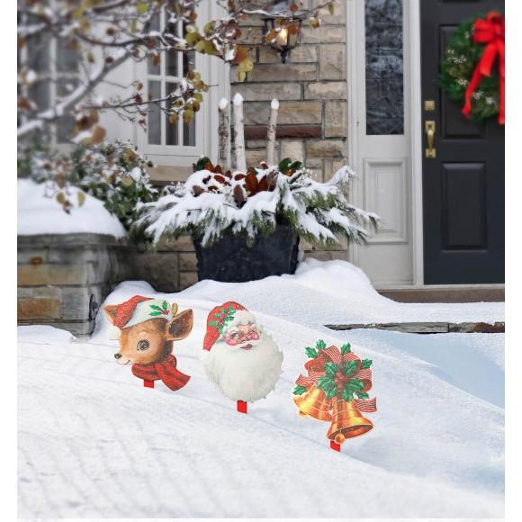 Glitzhome Glitzhome Set Of 3 Wooden Glitter Santa Bell And Reindeer Yard Stake
