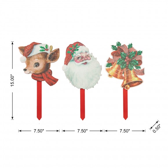 Glitzhome Glitzhome Set Of 3 Wooden Glitter Santa Bell And Reindeer Yard Stake