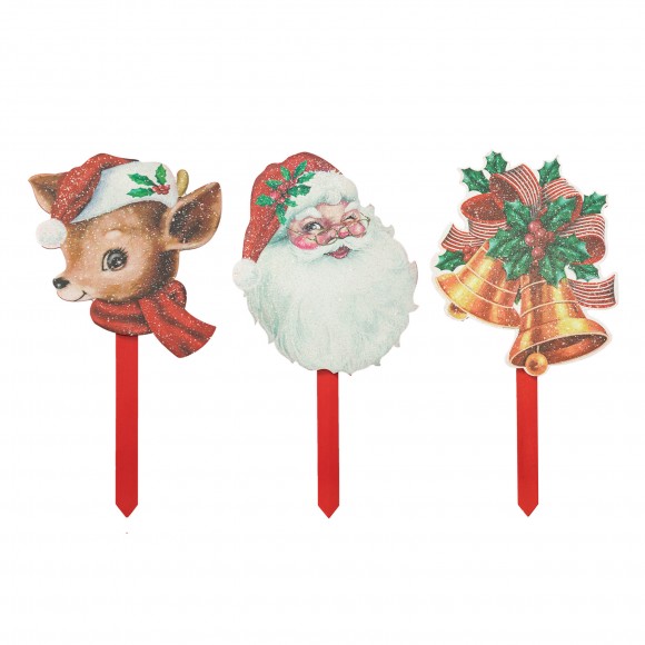 glitzhome Glitzhome Set of 3 Wooden Glitter Santa Bell and Reindeer Yard Stake