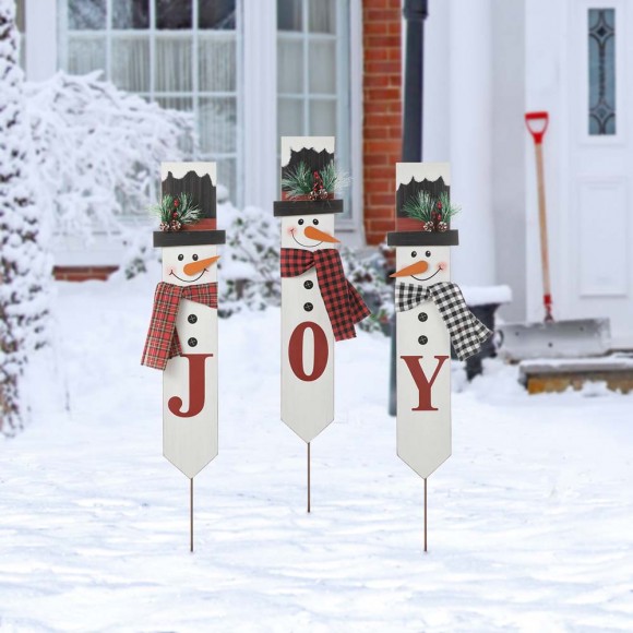 Glitzhome Glitzhome Set Of 3 Wooden & Metal Snowman Yard Stake - JOY