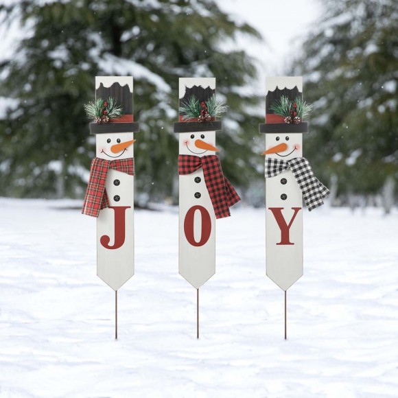 Glitzhome Glitzhome Set Of 3 Wooden & Metal Snowman Yard Stake - JOY