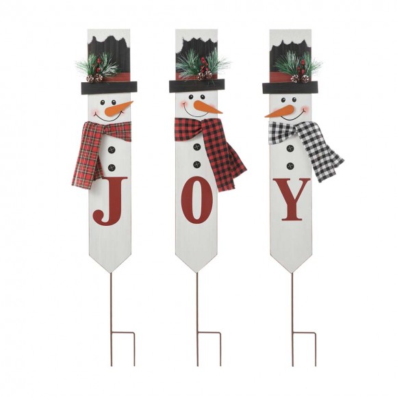 glitzhome Glitzhome Set of 3 Wooden & Metal Snowman Yard Stake - JOY