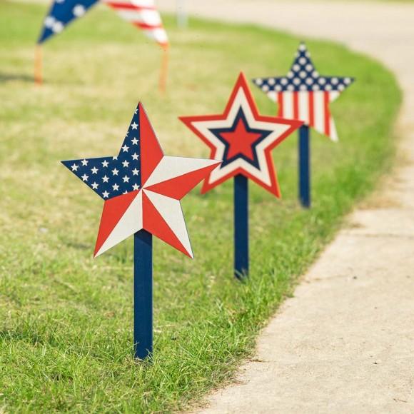 Glitzhome Glitzhome Set Of 3 Wooden Patriotic Star Yard Stakes