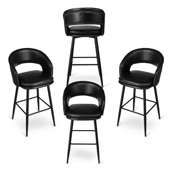 Glitzhome Glitzhome Set Of 4 Mid-Century Modern Black Leatherette Bar Stool With Nailhead Trim And Thick Metal Tapered Legs