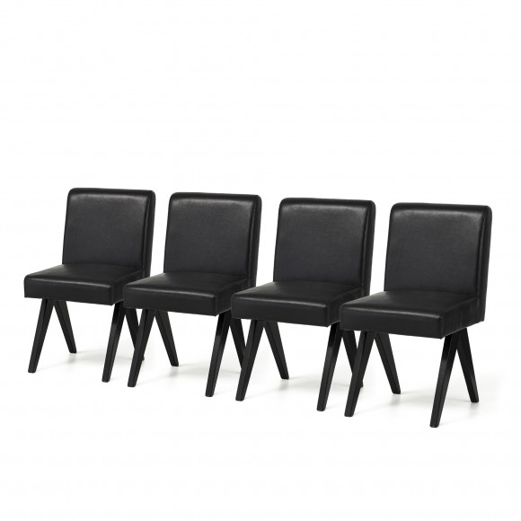 glitzhome Glitzhome Set of 4 Mid-Century Modern Black Leatherette Solid Back Dining Chair with V-shaped Solidwood Legs
