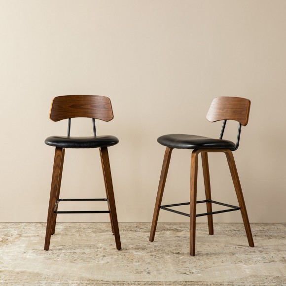Glitzhome Glitzhome Set Of 4 Mid-Century Modern Black Leatherette Bar Stool With Walnut Bentwood Frame And Backrest