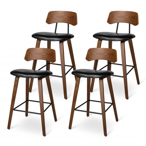 glitzhome Glitzhome Set of 4 Mid-Century Modern Black Leatherette Bar Stool with Walnut Bentwood Frame and Backrest