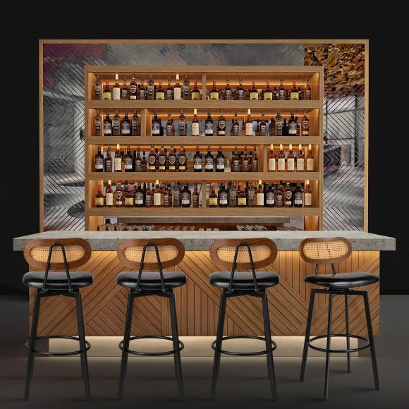 Glitzhome Glitzhome Set Of 4 Mid-Century Modern Black Leatherette Swivel Bar Stool With Black Metal Frame And Walnut Faux Rattan Backrest