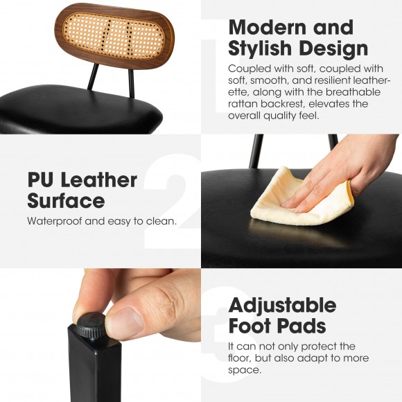 Glitzhome Glitzhome Set Of 4 Mid-Century Modern Black Leatherette Swivel Bar Stool With Black Metal Frame And Walnut Faux Rattan Backrest