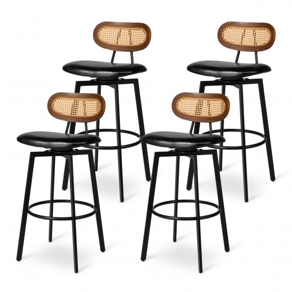 glitzhome Glitzhome Set of 4 Mid-Century Modern Black Leatherette Swivel Bar Stool with Black Metal Frame and Walnut Faux Rattan Backrest