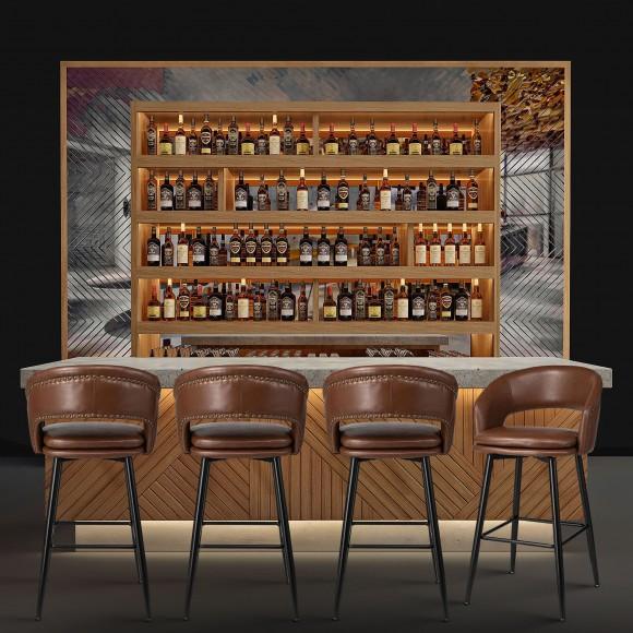 Glitzhome Glitzhome Set Of 4 Mid-Century Modern Brown Leatherette Bar Stool With Nailhead Trim And Thick Metal Tapered Legs