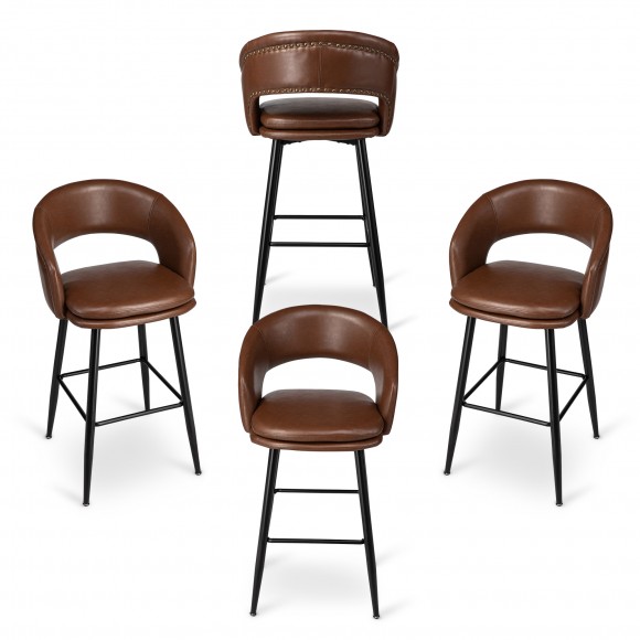 Glitzhome Glitzhome Set Of 4 Mid-Century Modern Brown Leatherette Bar Stool With Nailhead Trim And Thick Metal Tapered Legs