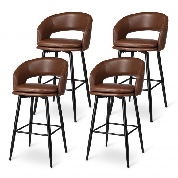 glitzhome Glitzhome Set of 4 Mid-Century Modern Brown Leatherette Bar Stool with Nailhead Trim and Thick Metal Tapered Legs