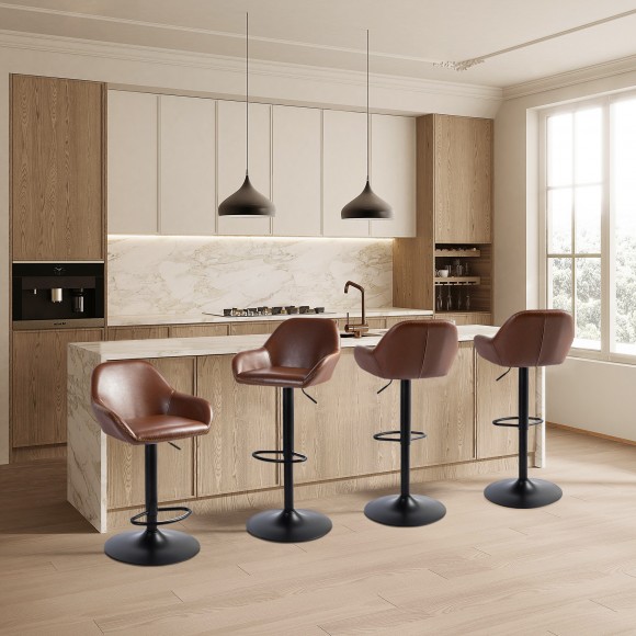 Glitzhome Glitzhome Set Of 4 Mid-Century Modern Brown Leatherette Gaslift Adjustable Swivel Bar Stool
