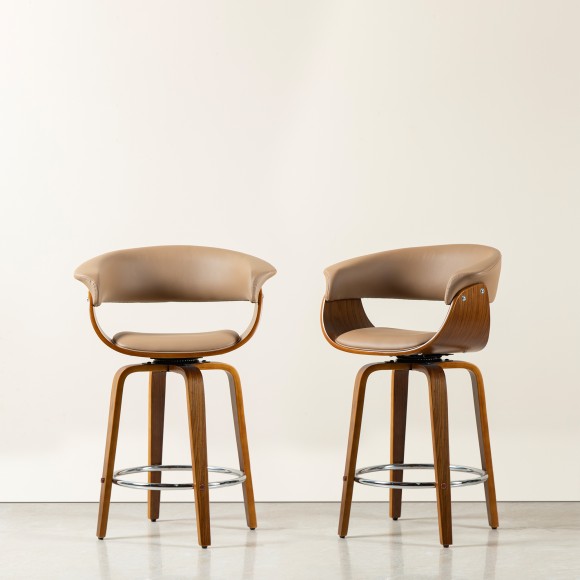 Glitzhome Glitzhome Set Of 4 Mid-century Modern Brown Leatherette Swivel Counter Stool With Walnut Bentwood Frame