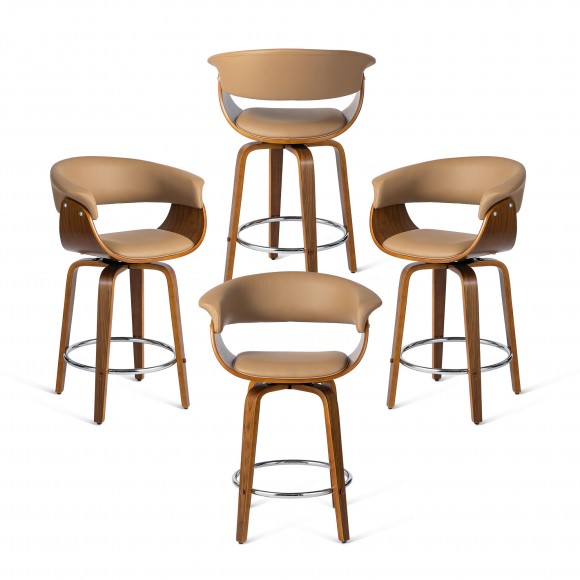 Glitzhome Glitzhome Set Of 4 Mid-century Modern Brown Leatherette Swivel Counter Stool With Walnut Bentwood Frame
