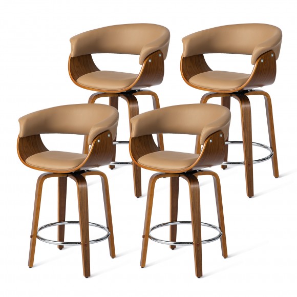 glitzhome Glitzhome Set of 4 Mid-century Modern Brown Leatherette Swivel Counter Stool with Walnut Bentwood Frame