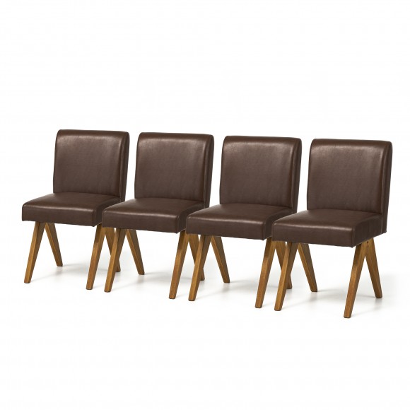 glitzhome Glitzhome Set of 4 Mid-Century Modern Brown Leatherette Solid Back Dining Chair with V-shaped Solidwood Legs