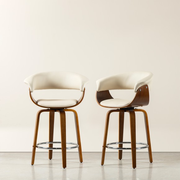 Glitzhome Glitzhome Set Of 4 Mid-century Modern Cream Leatherette Swivel Counter Stool With Walnut Bentwood Frame