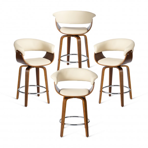 Glitzhome Glitzhome Set Of 4 Mid-century Modern Cream Leatherette Swivel Counter Stool With Walnut Bentwood Frame