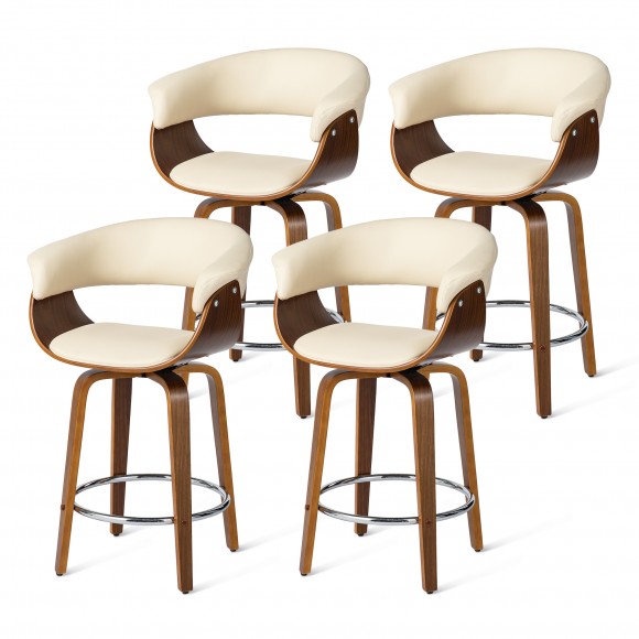 glitzhome Glitzhome Set of 4 Mid-century Modern Cream Leatherette Swivel Counter Stool with Walnut Bentwood Frame