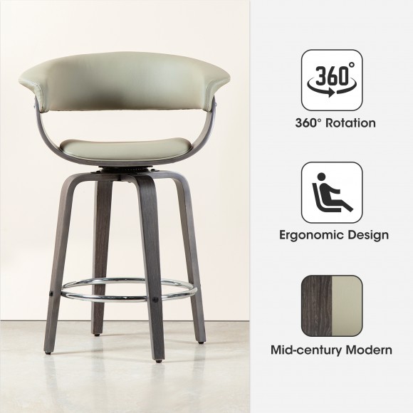 Glitzhome Glitzhome Set Of 4 Mid-century Modern Gray Leatherette Swivel Counter Stool With Gray Oak Bentwood Frame