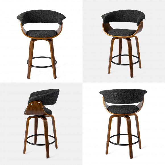 Glitzhome Glitzhome Set Of 4 Mid-century Modern Heathered Black Fabric Swivel Counter Stool With Walnut Bentwood Base