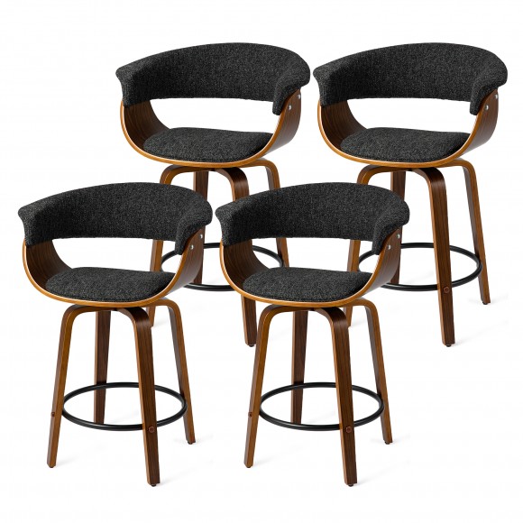 glitzhome Glitzhome Set of 4 Mid-century Modern Heathered Black Fabric Swivel Counter Stool with Walnut Bentwood Base