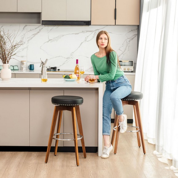 Glitzhome Glitzhome Set Of 4 Round Swivel Bar Stool With Balck Leatherette Seat And Composite Wood Legs