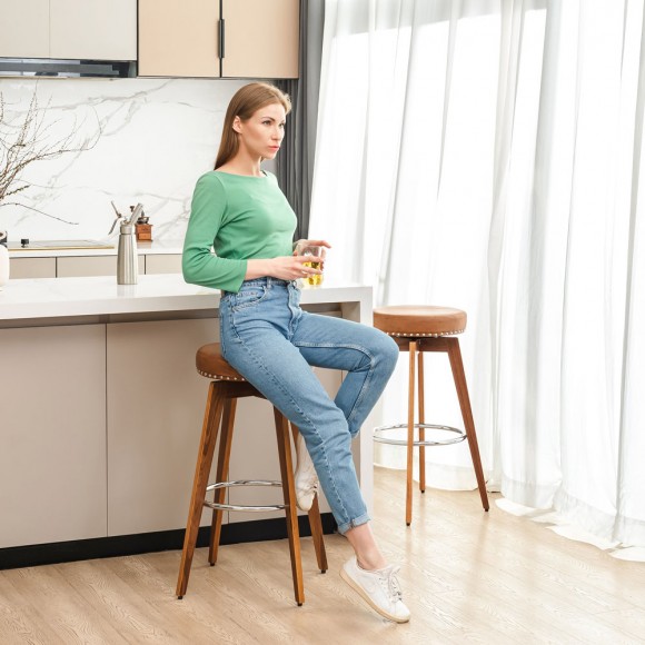 Glitzhome Glitzhome Set Of 4 Round Swivel Bar Stool With Brown Leatherette Seat And Composite Wood Legs